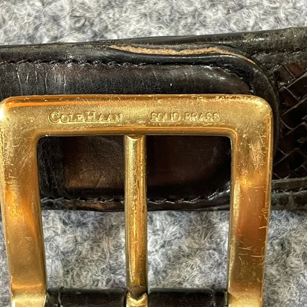 Cole Haan Woven Leather Belt Mens 36 Black Solid Brass Buckle A08462
